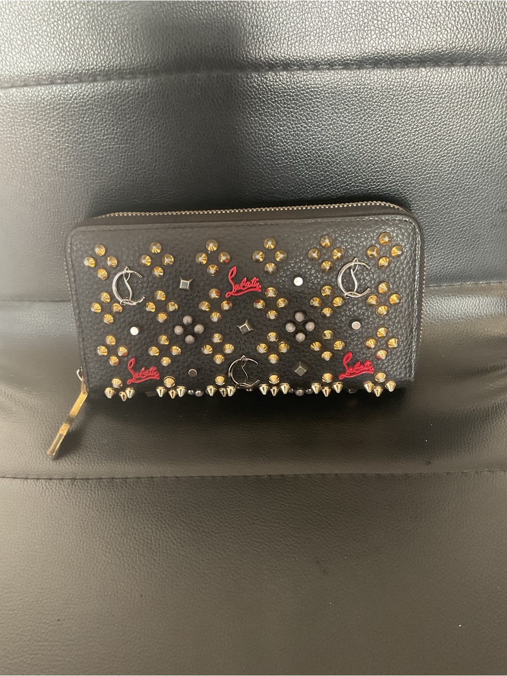 Christian Louboutin Black Studded Zip-Around Wallet with Red Logo Accents